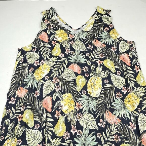 J.Jill Flounced Hem Double V-Neck Knit Dress Tropical Fruit Print Boho Casual M - Picture 3 of 10